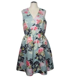 CeCe Mint Green Pink Floral V Neck Sleeveless Back Zip Dress 8